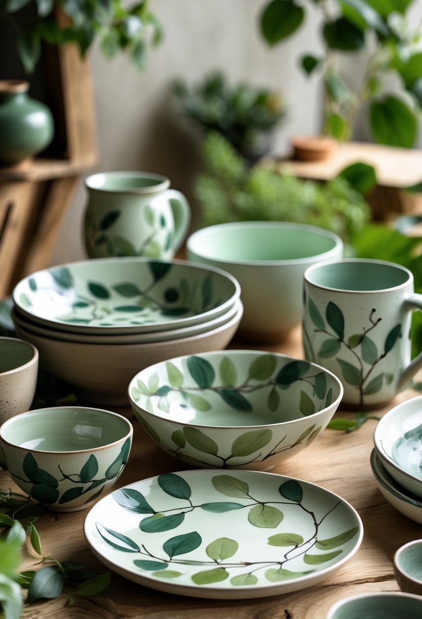 A collection of pottery pieces decorated with painted leaves and vines arranged on a wooden surface with greenery in the background.
