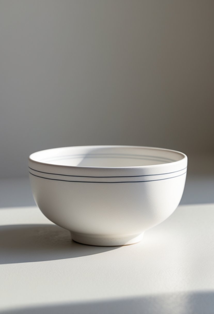 A simple white ceramic bowl with thin stripes around the rim placed on a light surface.