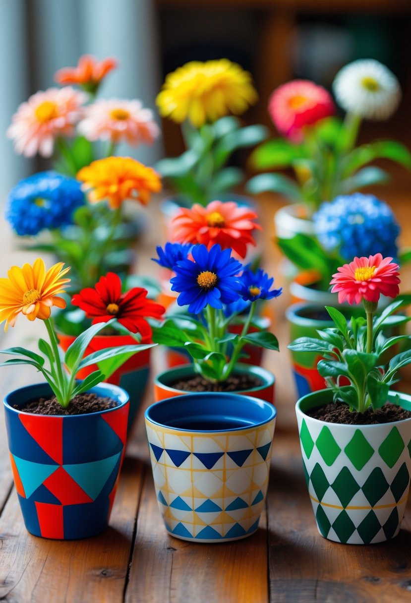 A collection of 15 colorful flower pots with blooming flowers arranged on a wooden surface.