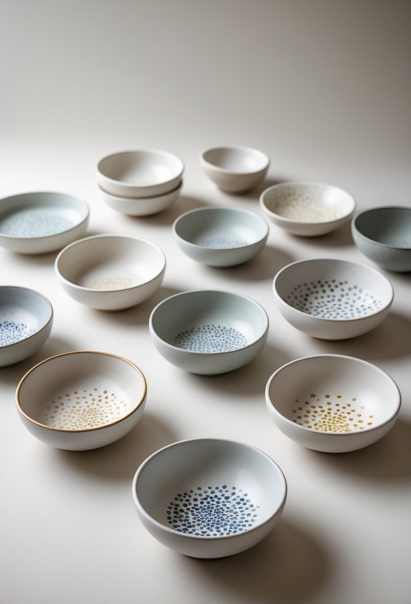 Fifteen simple ceramic bowls with dot cluster patterns arranged on a plain surface.