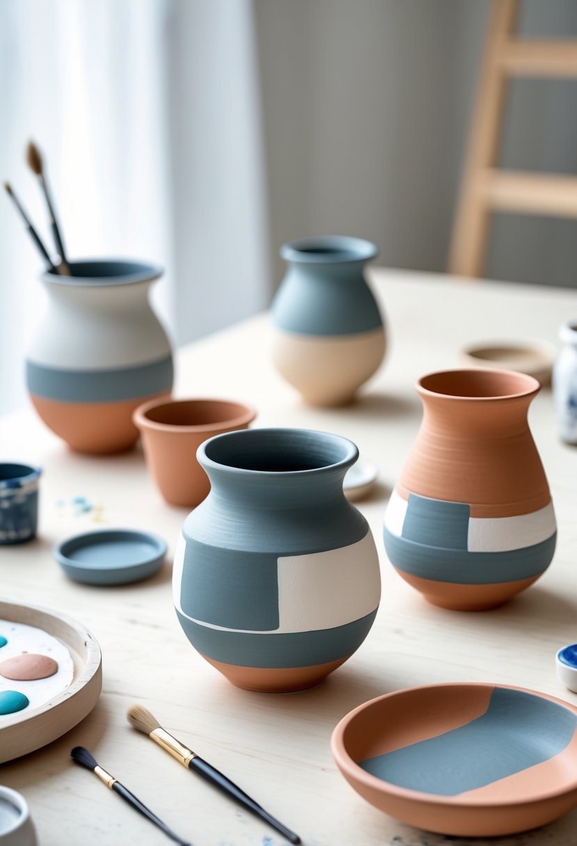 A workspace with ceramic pottery pieces painted with simple geometric shapes and lines, alongside painting tools on a wooden table.