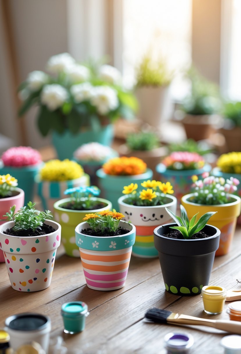 A collection of 15 colorful flower pots with various painted designs arranged on a wooden table with art supplies nearby.