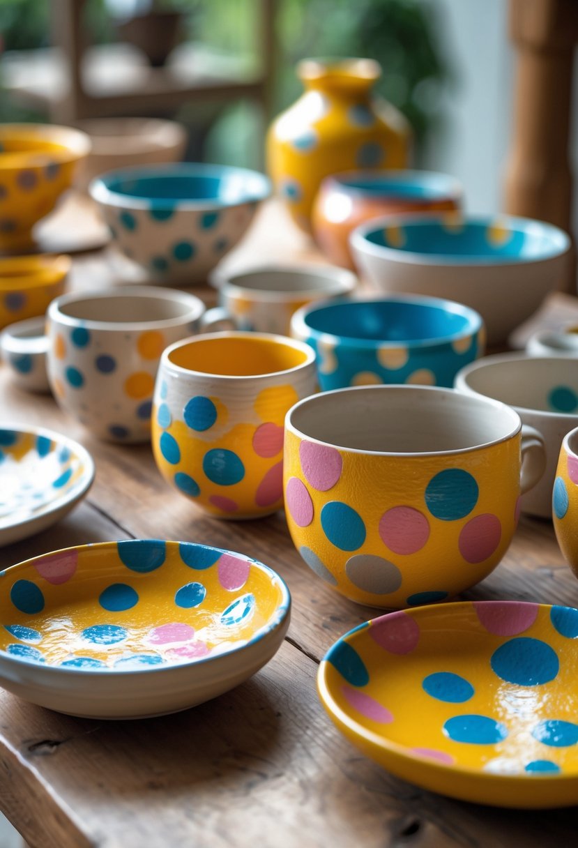 A collection of colorful polka dot decorated pottery pieces arranged on a wooden table.