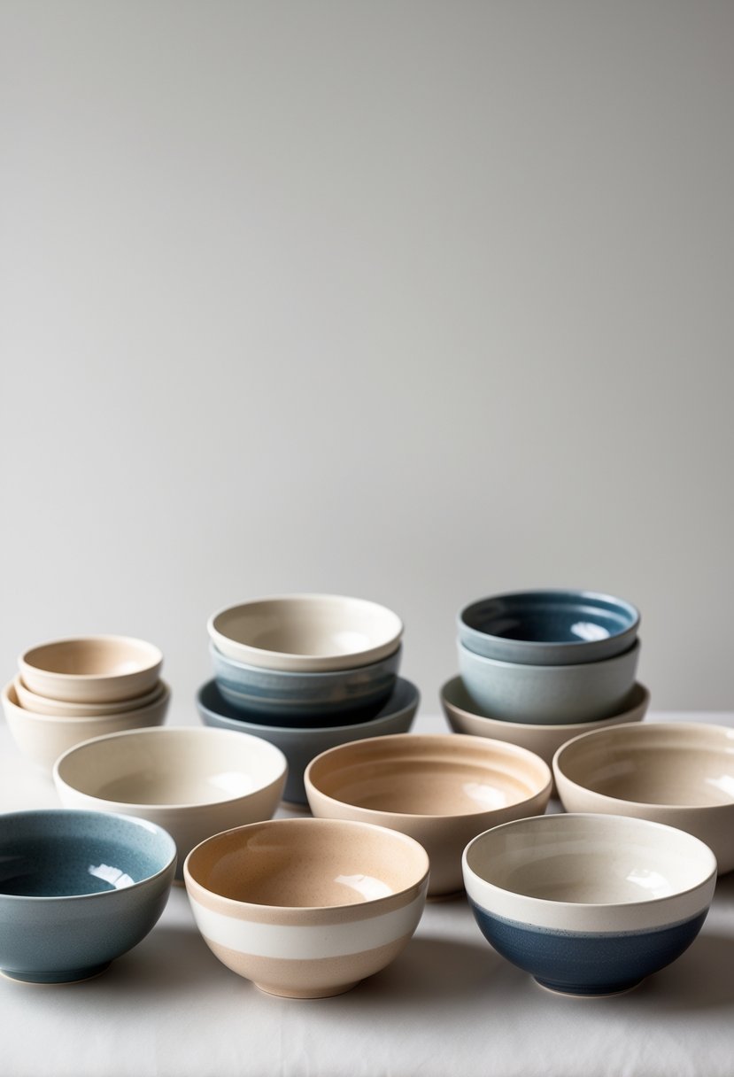 A collection of 15 ceramic bowls with smooth color gradients arranged on a plain surface.