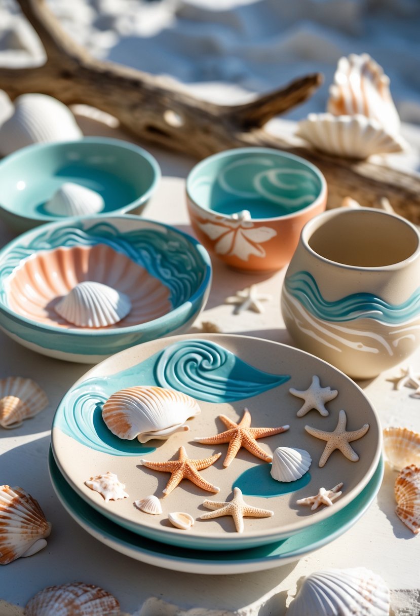 A collection of painted pottery with beach-themed designs including shells and waves, displayed with real seashells on a wooden surface.