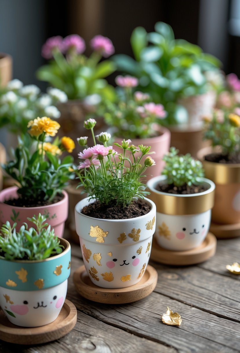A collection of 15 small flower pots with colorful designs and gold leaf accents, each holding different blooming flowers and green plants, arranged on a wooden table.