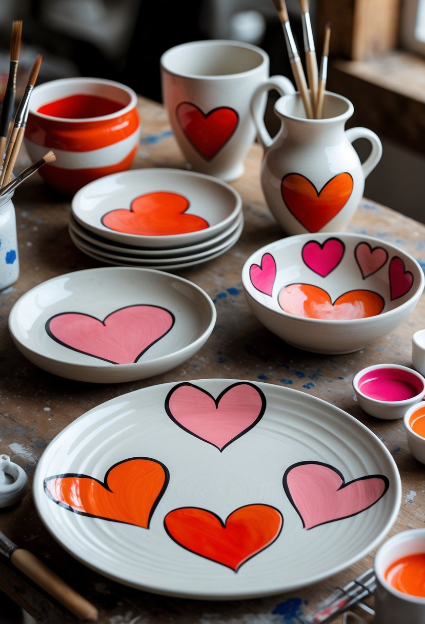 A collection of pottery pieces decorated with bold heart designs arranged on a wooden table with painting tools nearby.