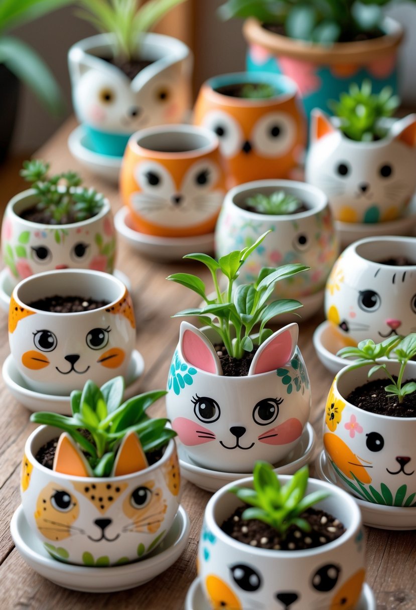 A collection of 15 small flower pots painted with cute animal faces and decorated with colorful floral patterns, arranged on a wooden surface with green plants growing from them.