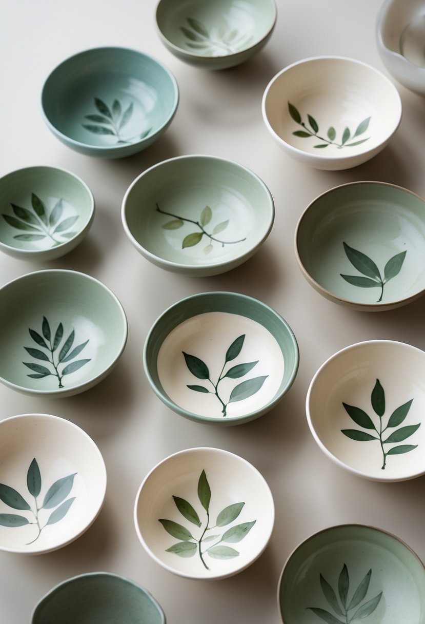 Fifteen simple ceramic bowls painted with delicate leaf designs arranged on a neutral surface.