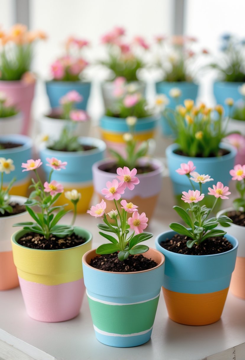 A collection of 15 small flower pots painted with colorful striped patterns, each holding different flowering plants arranged on a clean surface.