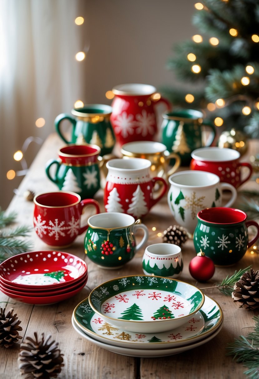 A collection of colorful holiday-themed painted pottery pieces arranged on a wooden table with festive decorations around them.