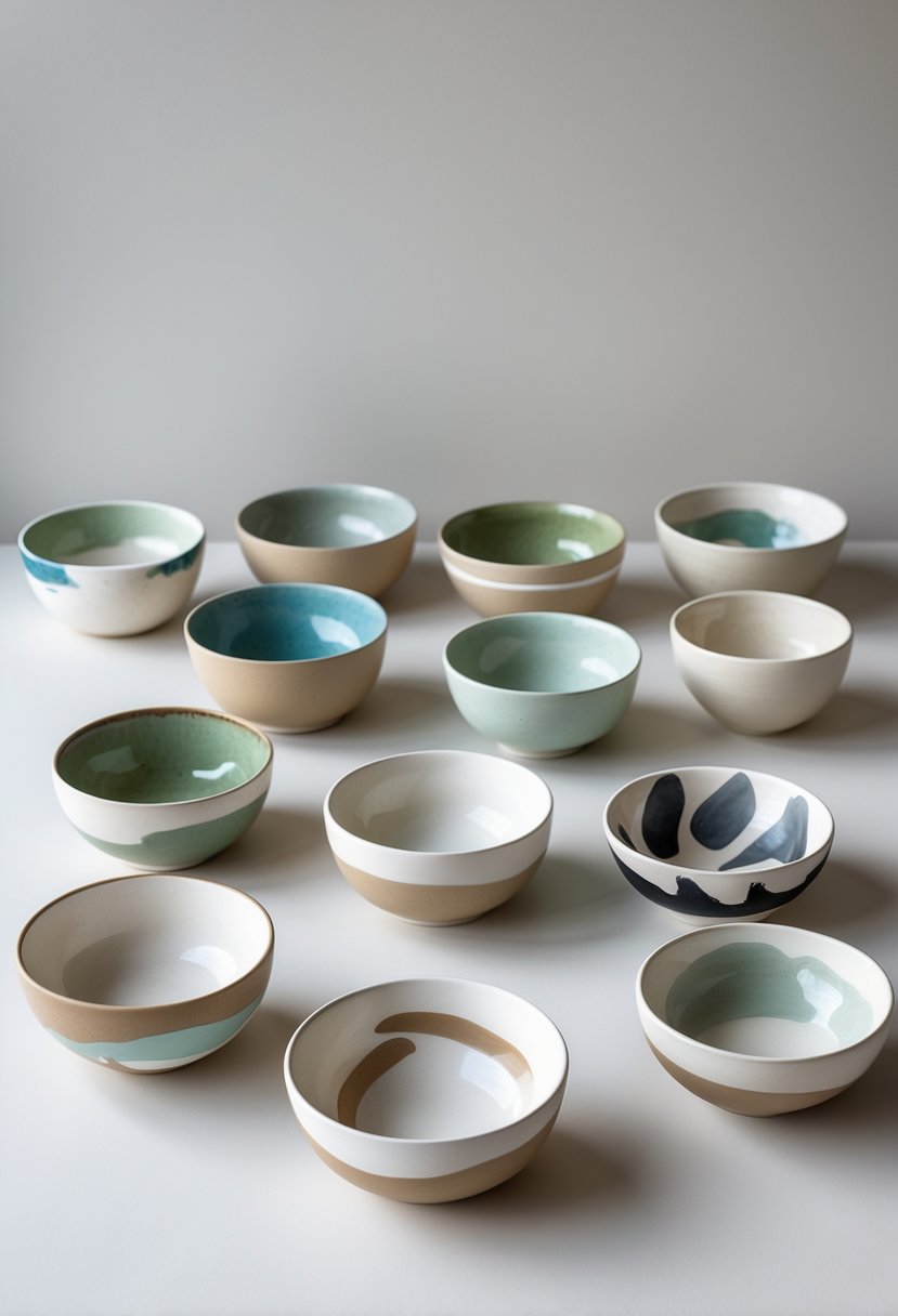 A collection of 15 simple ceramic bowls with abstract brush stroke patterns arranged on a neutral background.