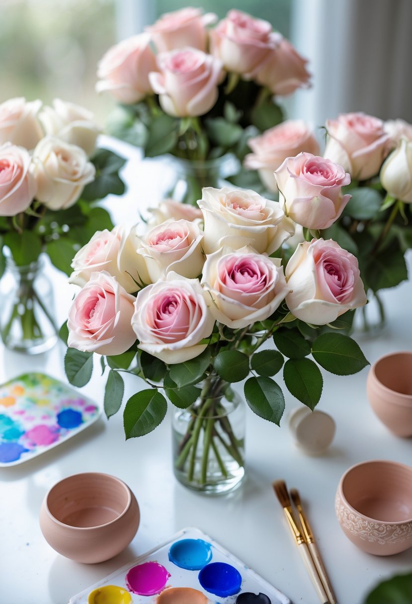Delicate rose bouquets placed next to pottery painting supplies on a bright surface.