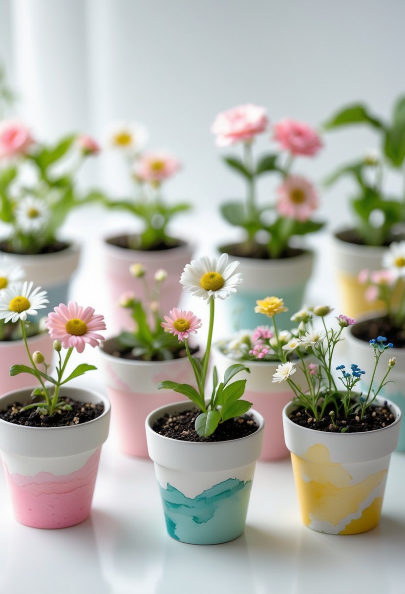 Fifteen small flower pots with colorful flowers arranged on a white surface.