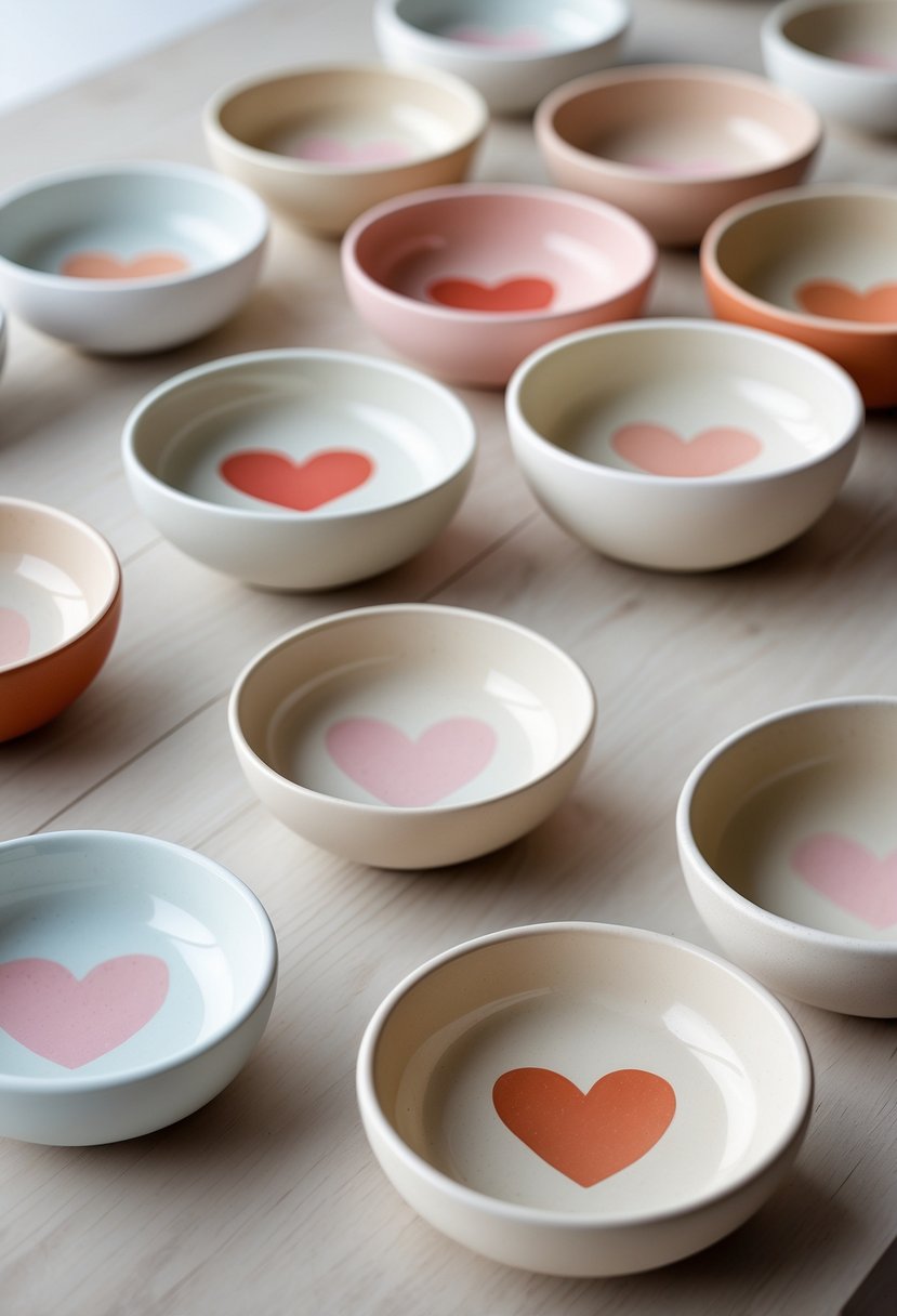 Fifteen ceramic bowls with simple heart-shaped designs arranged on a wooden surface.