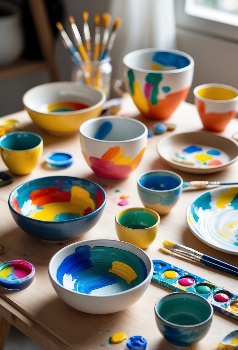 A workspace with various painted pottery pieces featuring colorful abstract brushstrokes, paintbrushes, and paint containers on a wooden table.