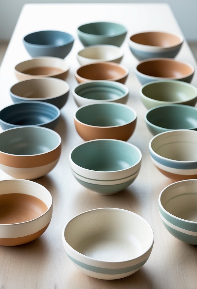 A collection of 15 ceramic bowls with chevron stripe patterns arranged on a wooden surface.