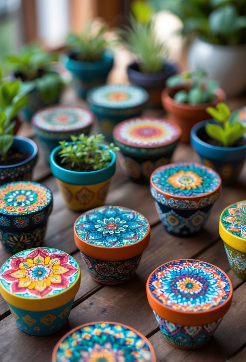 Fifteen small flower pots painted with colorful mandala patterns arranged on a wooden table with some pots containing green plants.