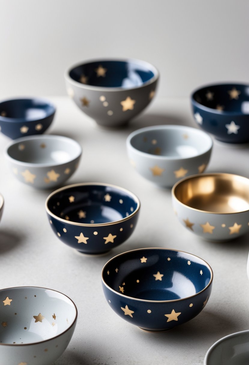 A collection of small ceramic bowls decorated with simple star patterns arranged on a neutral surface.