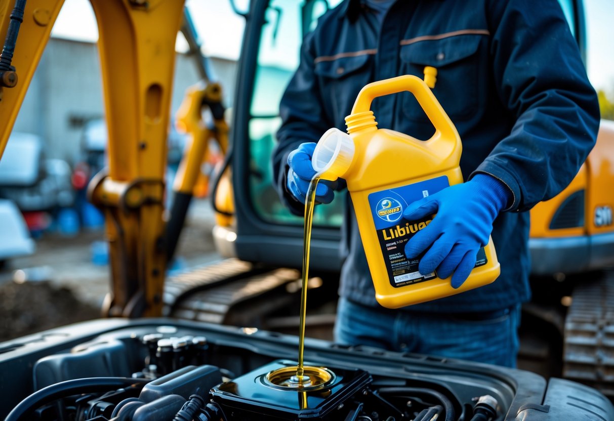 Kokie tepalai pilasi į mini ekskavatorių 1 Žmogus pilantis tepalus į mini ekskavatoriaus variklį statybvietėje.