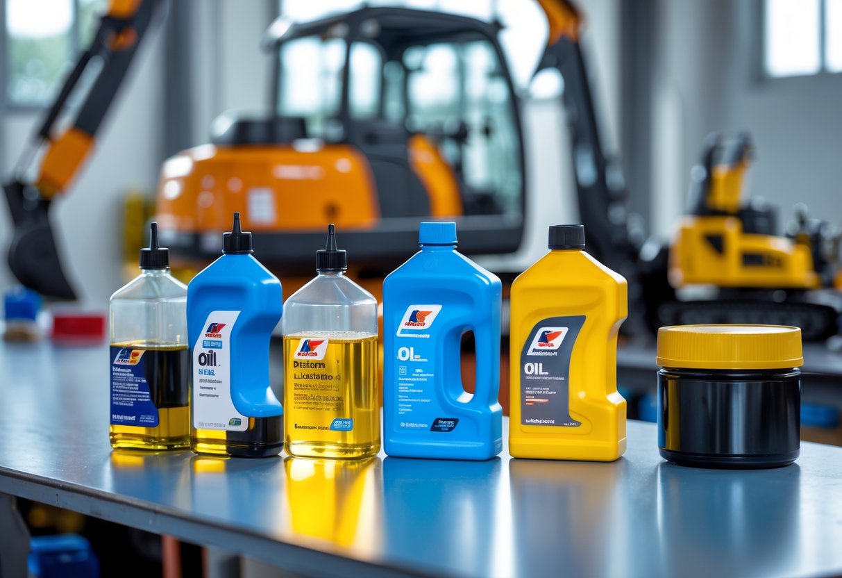 Kokie tepalai pilasi į mini ekskavatorių 2 Mini ekskavatoriui skirtų įvairių tepimo medžiagų buteliukai ir indeliai ant darbo stalo šalia mini ekskavatoriaus detalių dirbtuvėse.