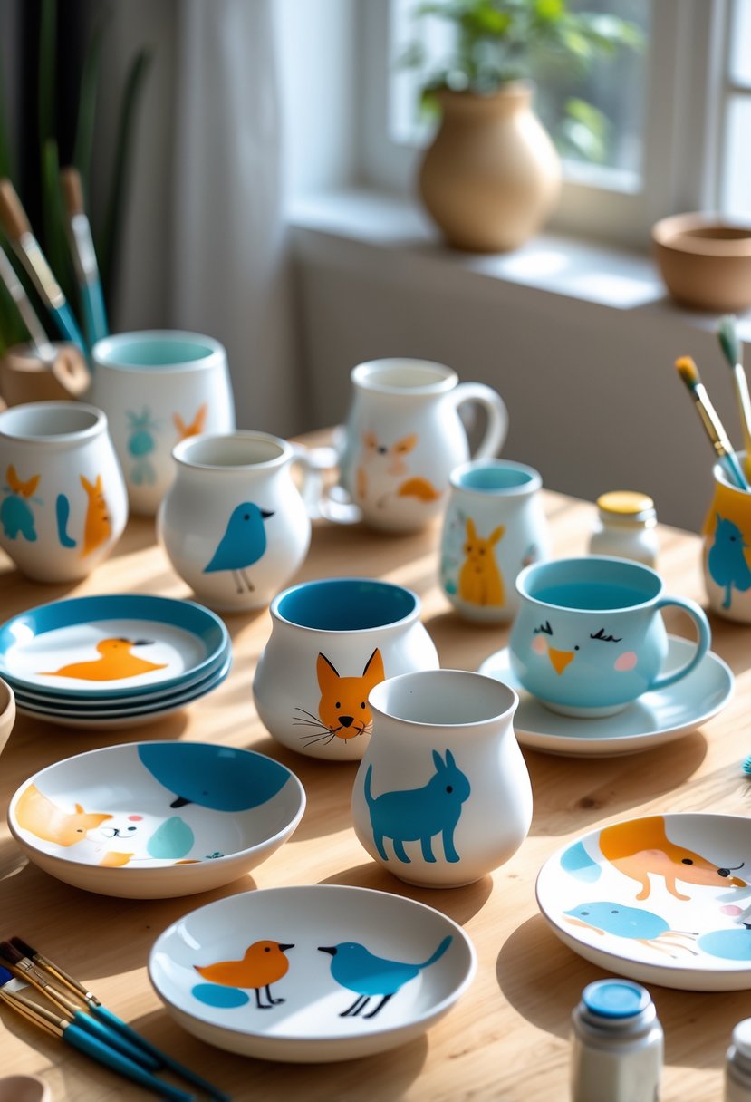 A collection of ceramic pottery pieces painted with various whimsical animal silhouettes arranged on a wooden table with art supplies nearby.