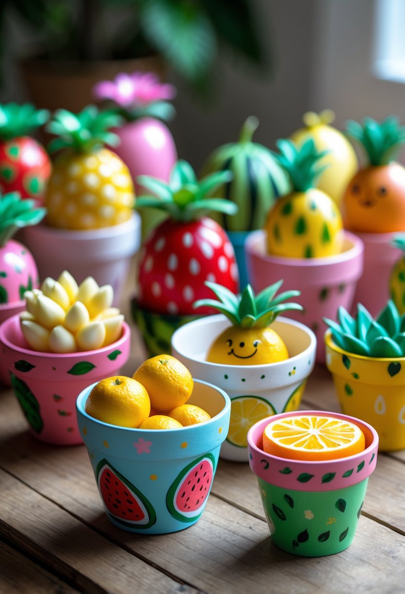 A collection of 15 small flower pots painted with colorful fruit designs arranged on a wooden table.
