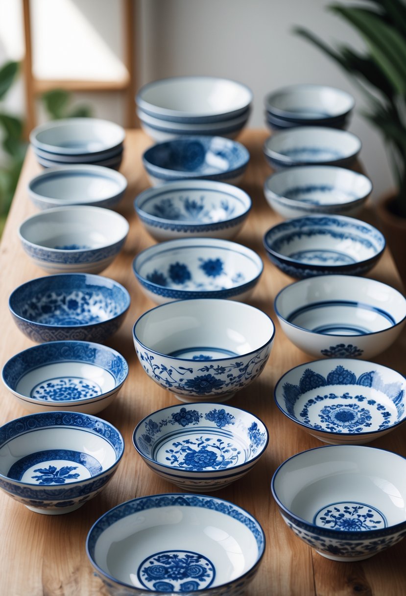 A collection of fifteen ceramic bowls with blue and white patterns arranged on a wooden surface.