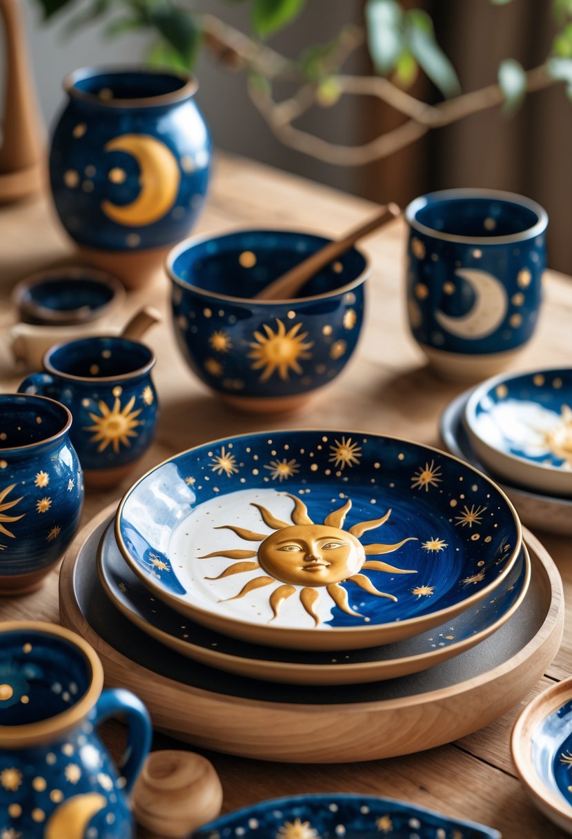 A collection of pottery pieces with sun and moon designs displayed on a wooden table.