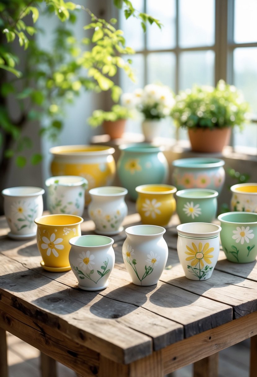 A collection of fifteen flower pots painted with daisy designs arranged on a wooden table with natural sunlight.
