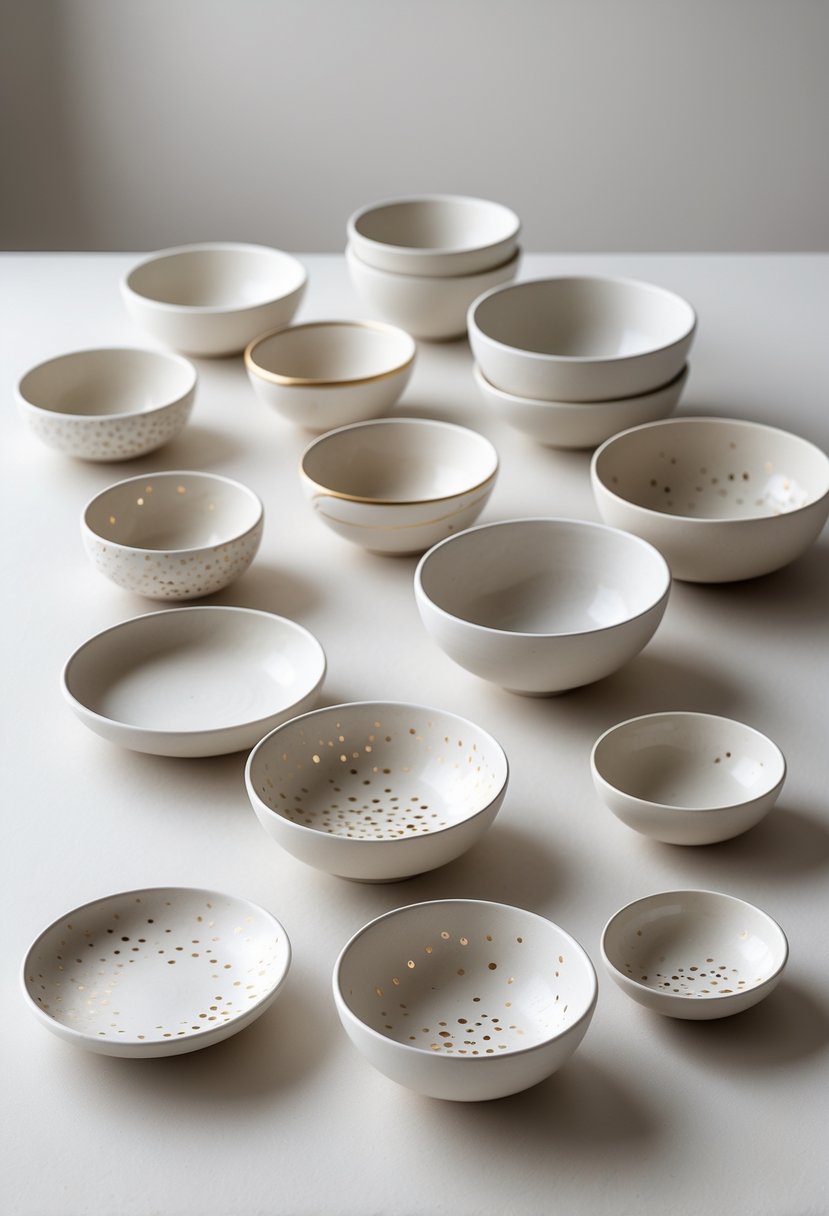 A collection of 15 simple ceramic bowls with tiny gold speckles arranged on a neutral background.