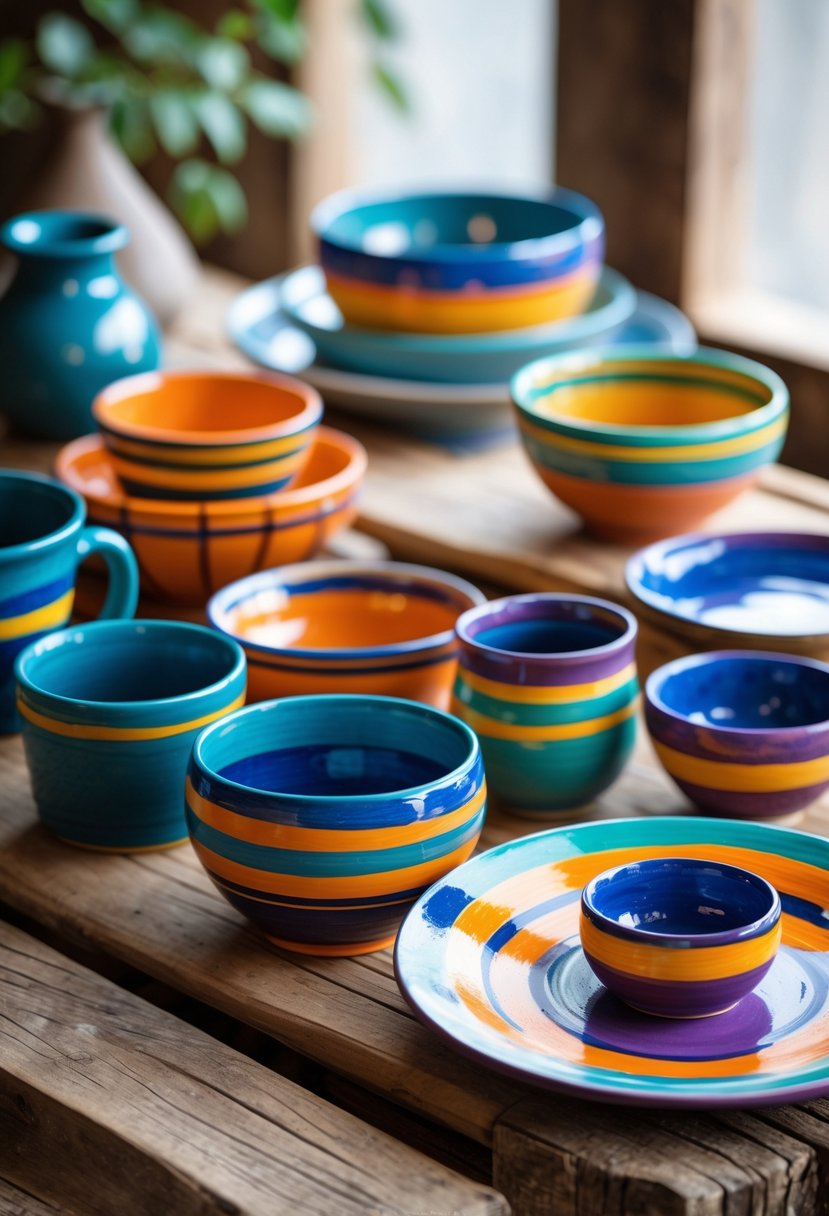 A collection of pottery pieces with striped patterns in complementary colors arranged on a wooden table.