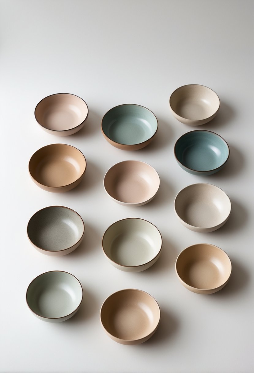 Fifteen simple ceramic bowls with soft gradient colors arranged neatly on a plain surface.