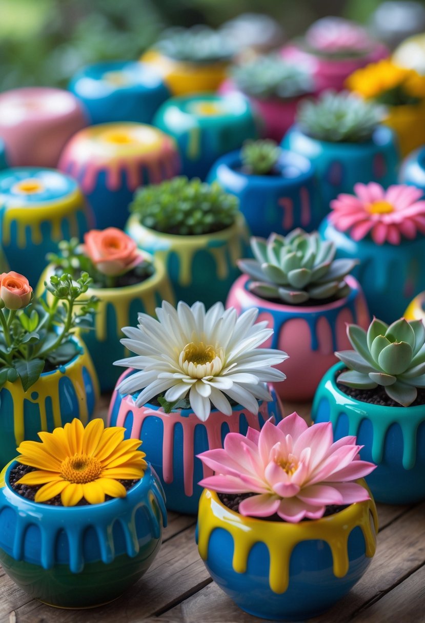 A collection of 15 colorful flower pots with blooming flowers arranged on a wooden surface.
