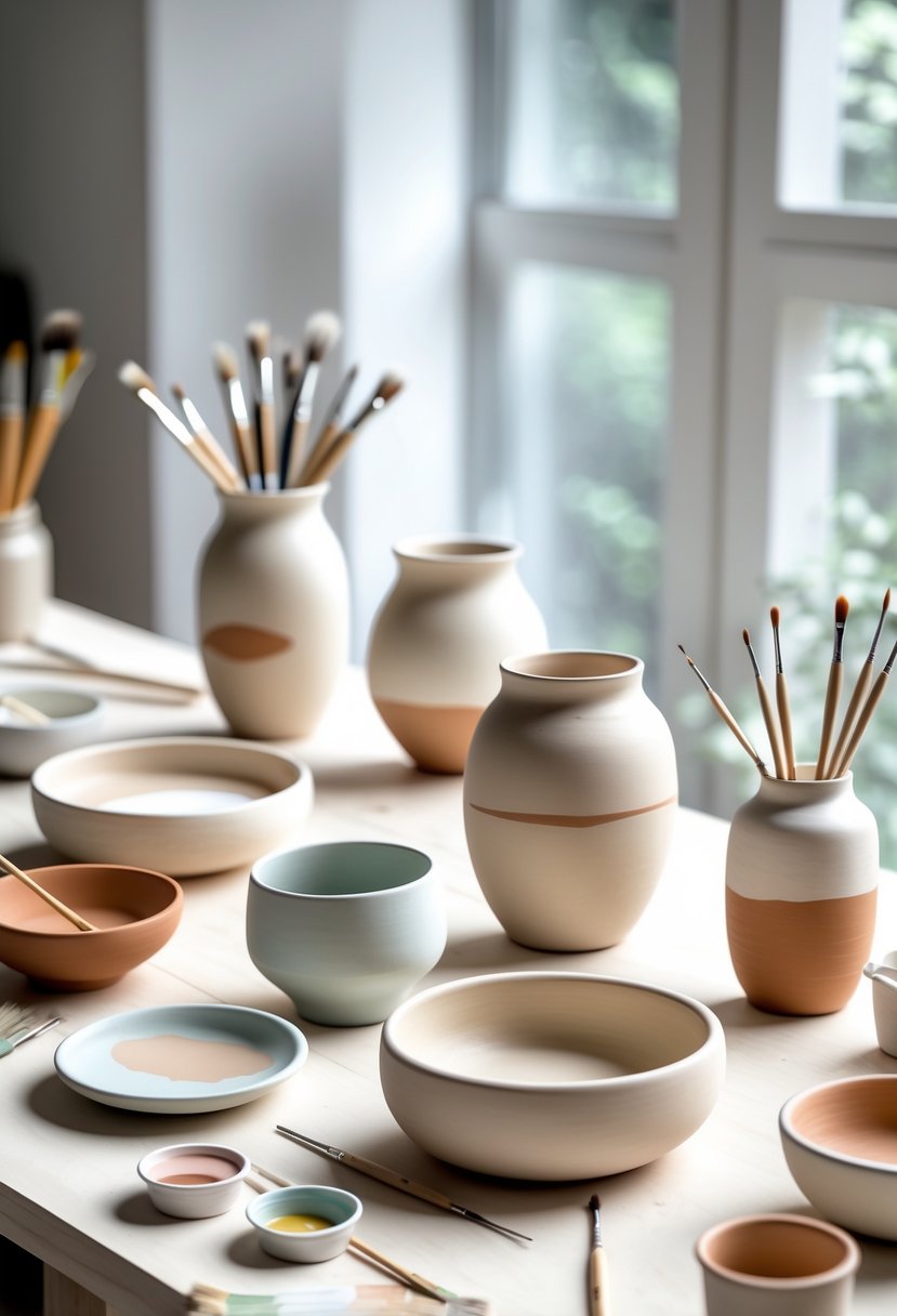 A table displaying various simple pottery pieces with painted designs, along with painting brushes and palettes.