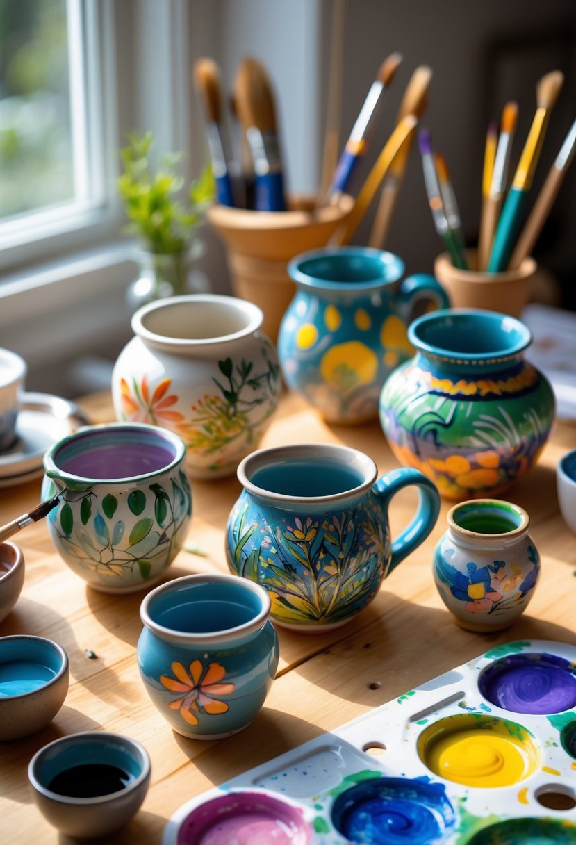 A wooden table with various hand-painted pottery pieces, paintbrushes, and palettes in a bright, cozy workspace.