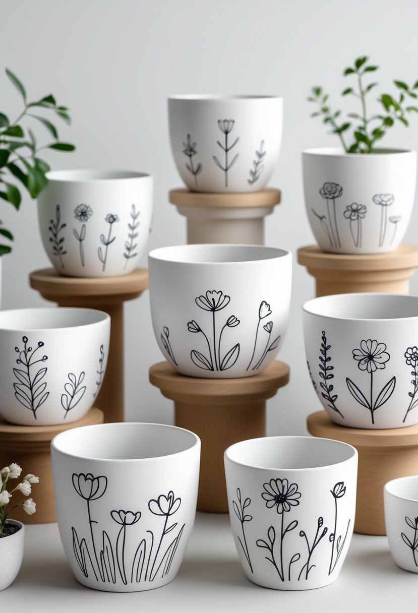 A collection of fifteen flower pots with simple flower and plant designs arranged neatly on a plain background.