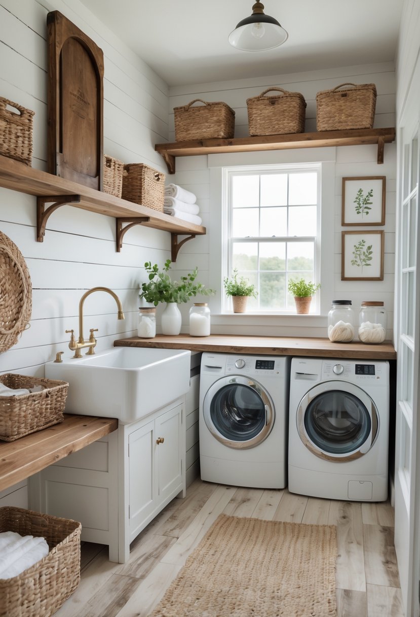 A bright laundry room with wooden shelves, a farmhouse sink, washing machine and dryer, green plants, and rustic wooden flooring.