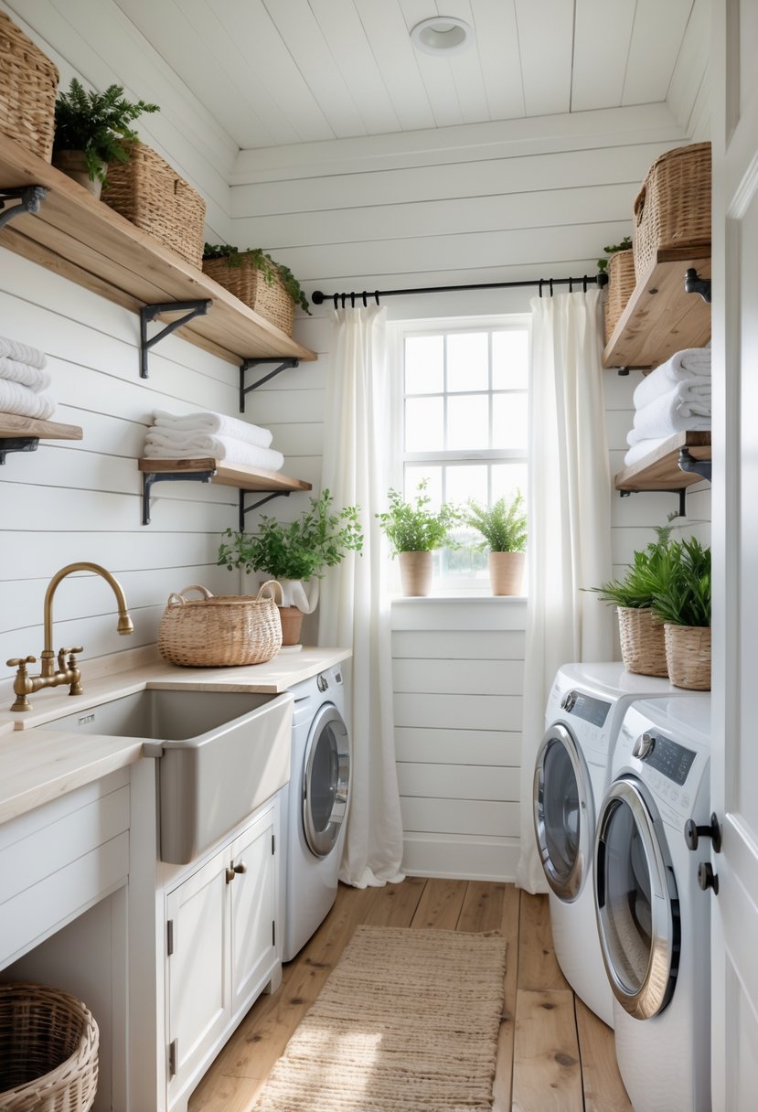 A bright laundry room with white wooden walls, a farmhouse sink, washing machine and dryer, open shelves with linens and baskets, and plants by a window letting in natural light.