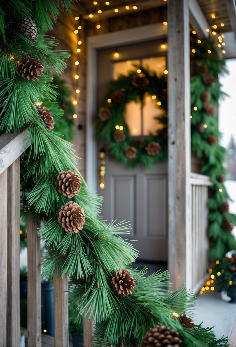 A porch decorated with fresh pine garlands and pinecones wrapped around the railing and doorframe, with wooden elements and soft natural light.