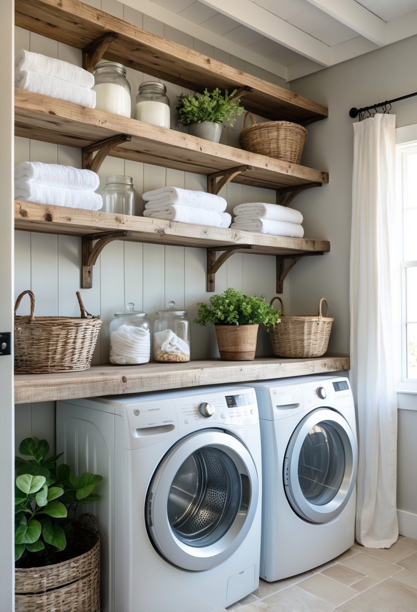 A laundry room with open wooden shelves holding towels, jars, baskets, and plants above a washing machine and dryer.