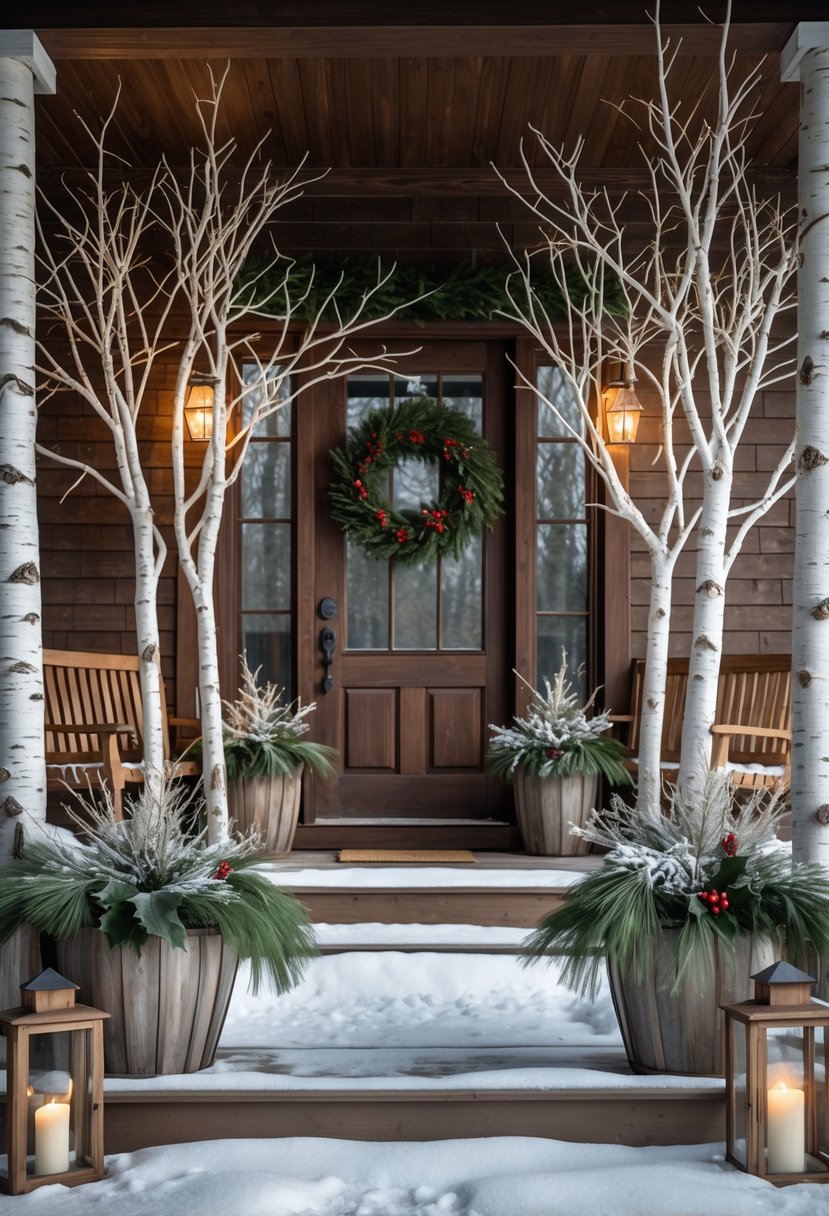 A rustic porch decorated with white birch branches in planters, pine greenery, and warm lights during winter.