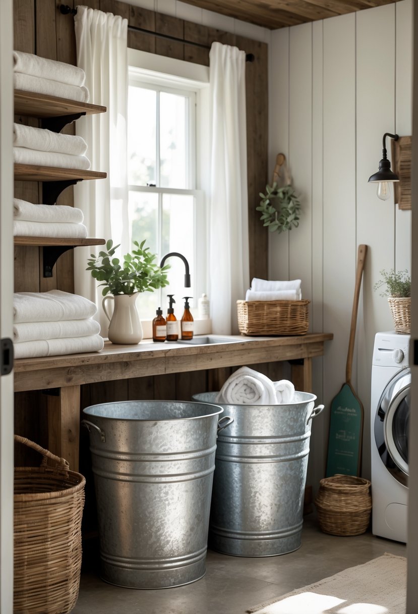 A laundry room with galvanized metal tubs, wooden shelves with folded linens, and natural light coming through a window.