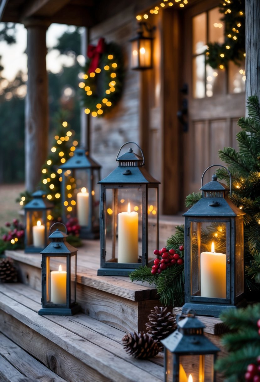 A rustic porch with wooden steps decorated with vintage lanterns holding warm glowing candles and festive greenery.