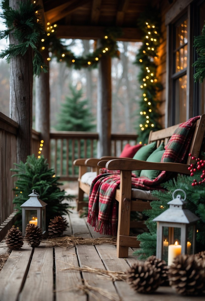 Outdoor wooden porch with benches covered in plaid blankets and decorated with evergreen garlands and lanterns for Christmas.