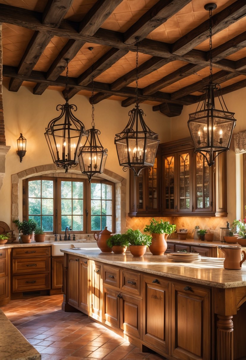A cozy kitchen with wrought iron light fixtures, wooden beams, stone countertops, and terracotta floors illuminated by natural light.
