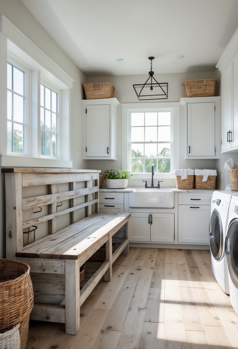 A large rustic wood bench seating 15 people inside a bright laundry room with cabinets and laundry baskets.