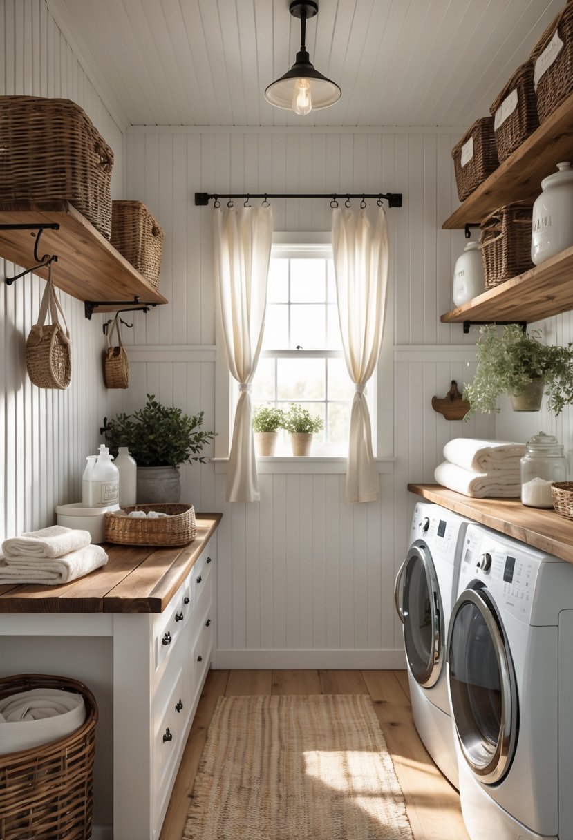 Laundry room with beadboard walls, wooden countertop, washing machine, shelves with baskets and plants, and natural light coming through a window.