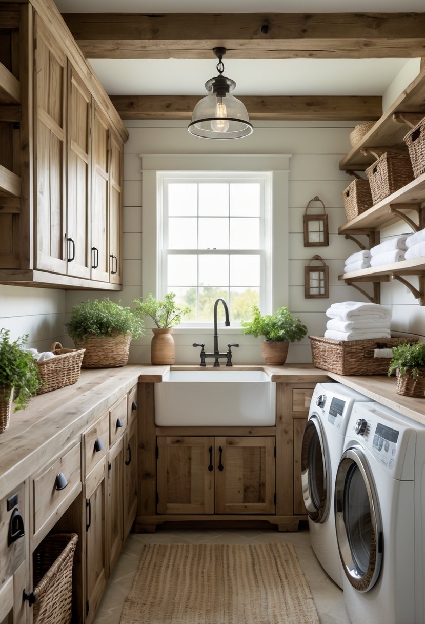 Laundry room with wooden cabinets, wrought iron handles, washing machine, dryer, and laundry baskets.
