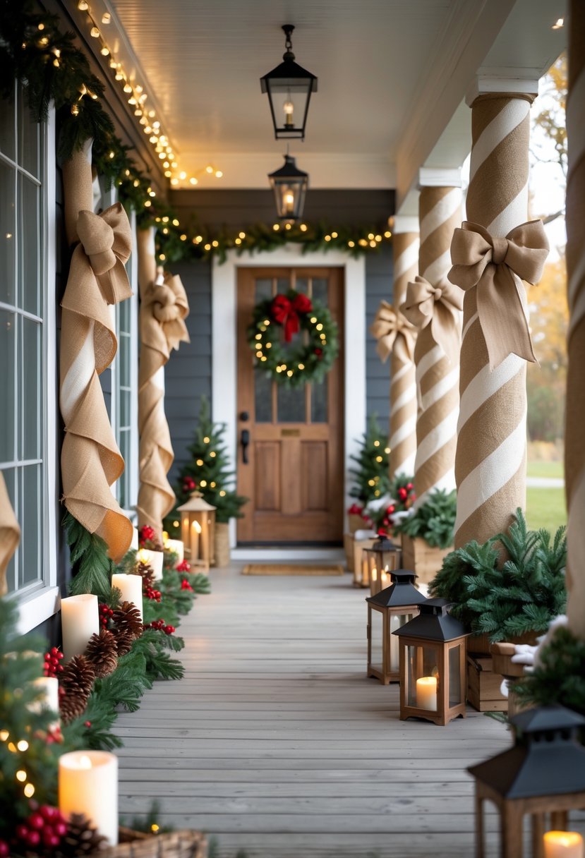 Porch columns wrapped with burlap ribbons and decorated with pine garlands, pinecones, and lanterns for Christmas.